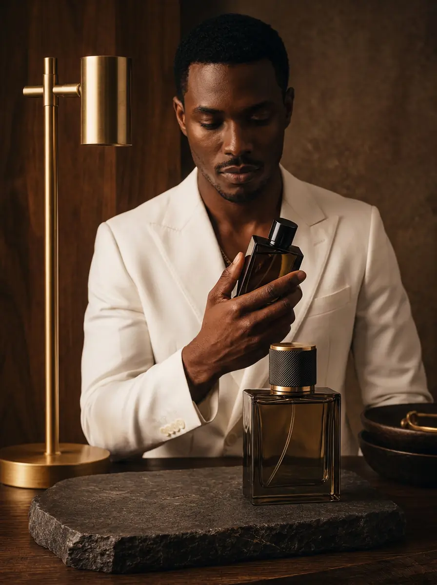 Man presenting luxury cologne bottles